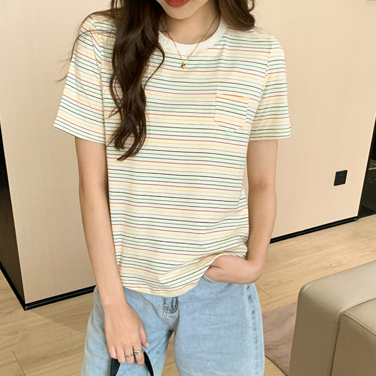 Áo Thun Dáng Rộng Cổ Tròn Kẻ Sọc Cầu Vồng Kiểu Vintage Cá Tính