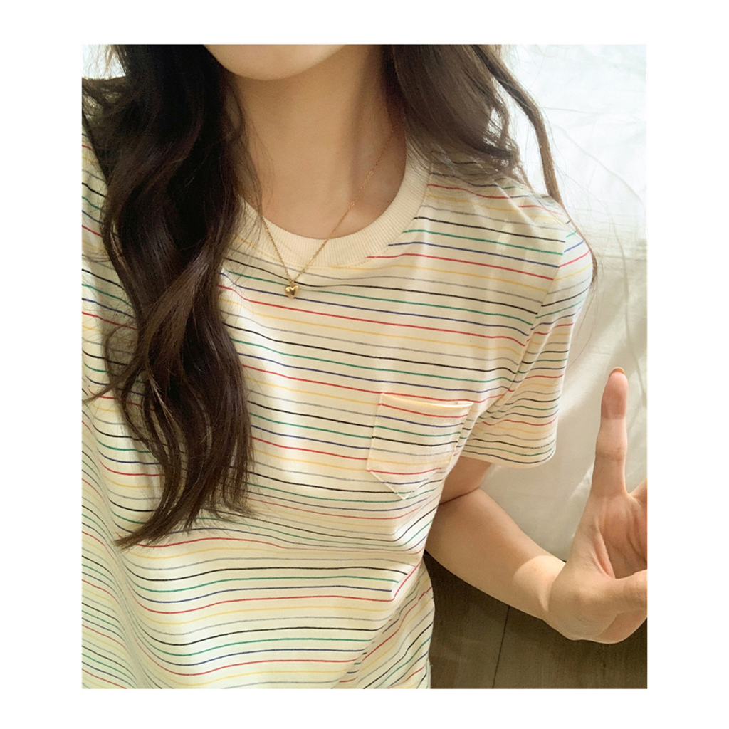 Áo Thun Dáng Rộng Cổ Tròn Kẻ Sọc Cầu Vồng Kiểu Vintage Cá Tính
