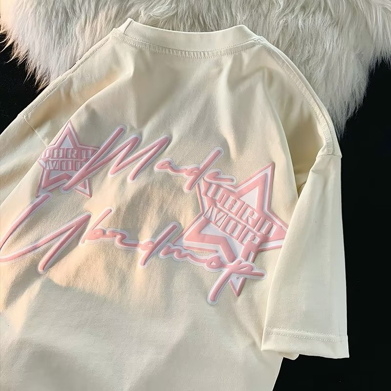 Áo Thun Tay Lửng Cổ Tròn Dáng Rộng Phong Cách Thời Trang Harajuku Nhật Bản