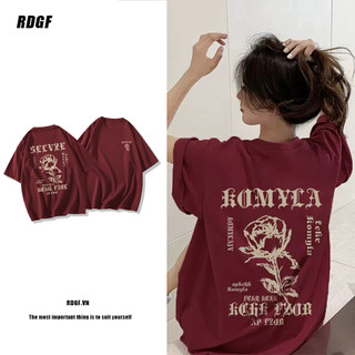  RDGF Áo Thun Cotton Dáng Rộng Tay Ngắn Màu Đỏ Nguyên Chất In Họa Tiết Thời Trang Cho Nữ 