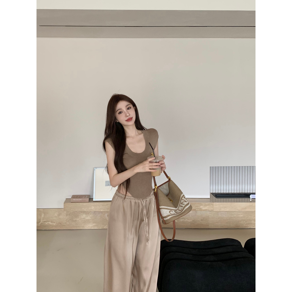 Cocory vn Set Áo Thun Ngắn Tay Cổ Tròn + Quần Dài Lưng Thun Thời Trang Nữ