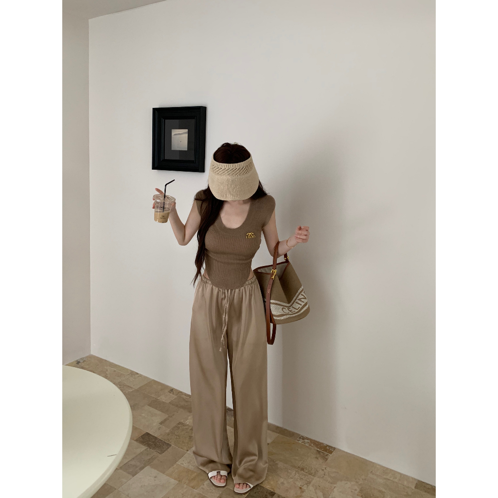 Cocory vn Set Áo Thun Ngắn Tay Cổ Tròn + Quần Dài Lưng Thun Thời Trang Nữ