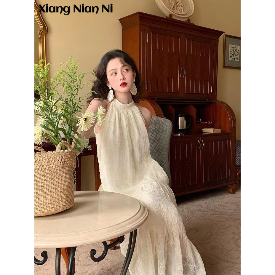 Đầm Dài Không Tay Phối Ren Màu Trắng Phong Cách Pháp Cổ Điển Quyến Rũ Dành Cho Nữ