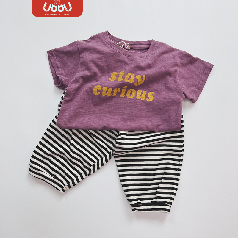 Sun baby Áo Thun Nữ Ngắn Tay Cổ Tròn In Chữ Phong Cách Hàn Quốc