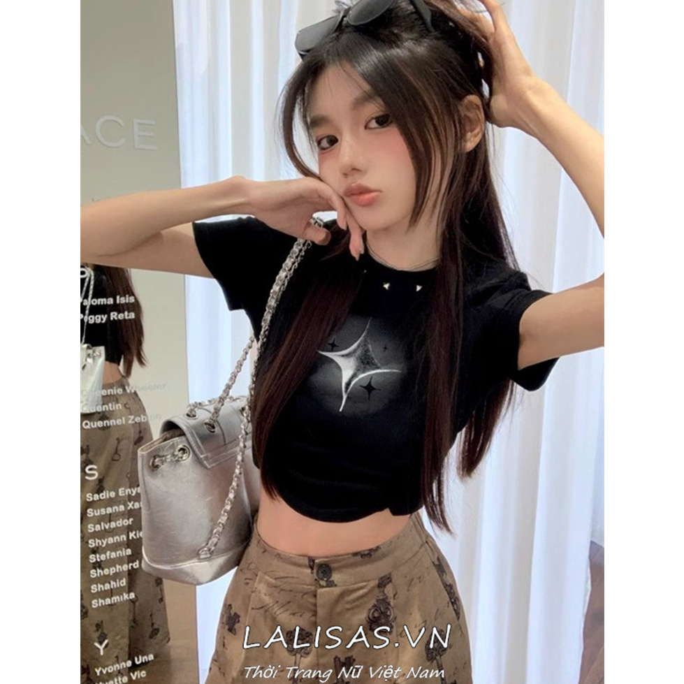 Áo Croptop Tay Ngắn Màu Đen In Họa Tiết Phong Cách Mỹ Cổ Điển Thời Trang Cho Nữ