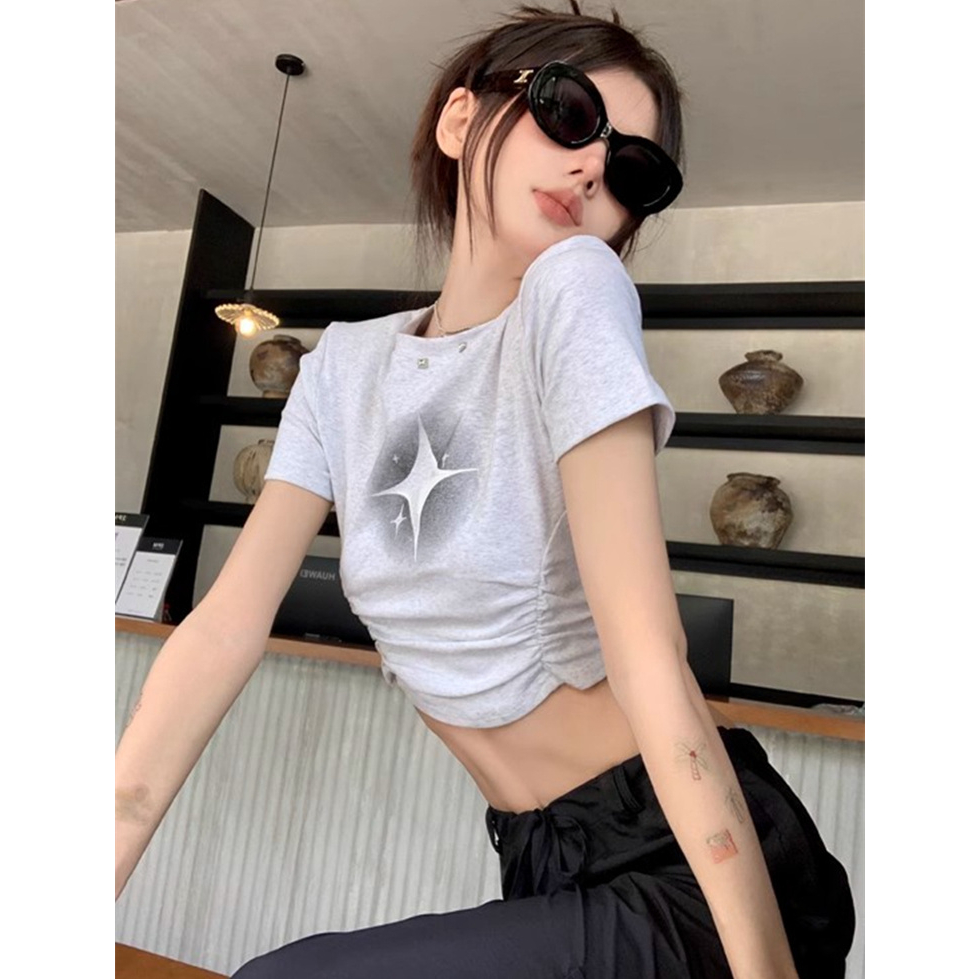 Áo Croptop Tay Ngắn Màu Đen In Họa Tiết Phong Cách Mỹ Cổ Điển Thời Trang Cho Nữ