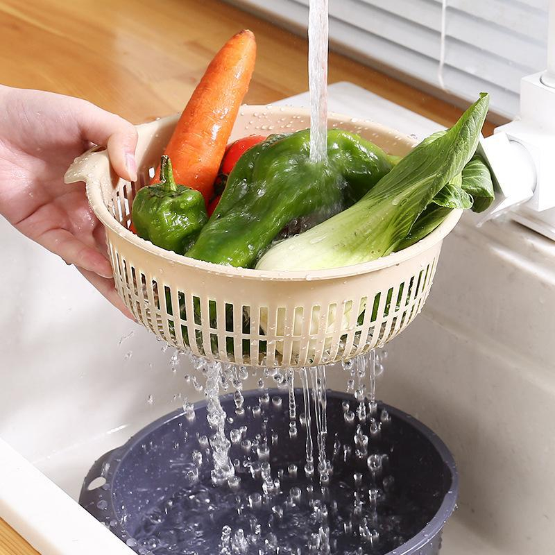 Rổ Rửa Rau Củ Quả Hai Lớp Ráo Nước Nhanh Chóng Đa Năng Có Giá Đỡ Chữ S