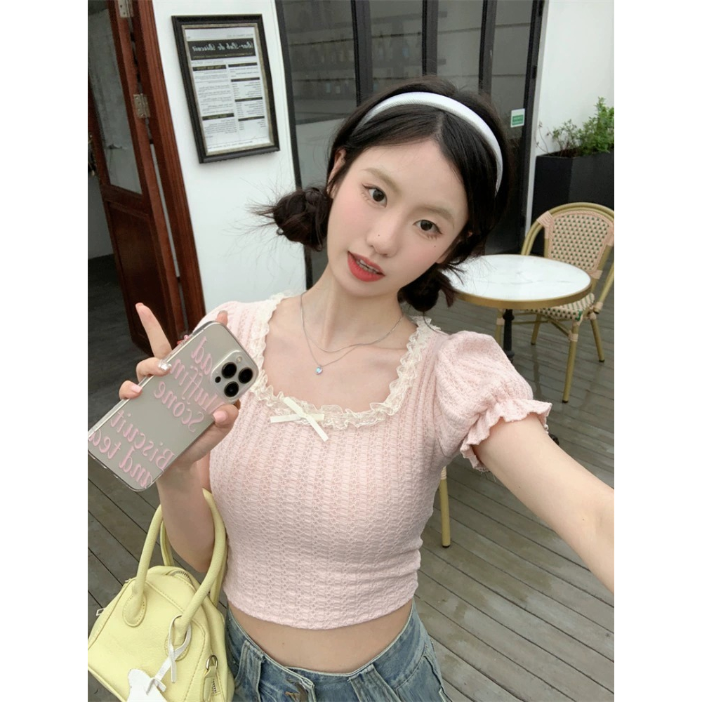 Áo Thun Ngắn Tay Cổ Vuông Phối Ren Eo Cao Thời Trang Cho Nữ