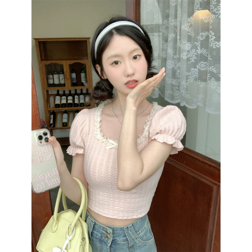 Áo Thun Ngắn Tay Cổ Vuông Phối Ren Eo Cao Thời Trang Cho Nữ