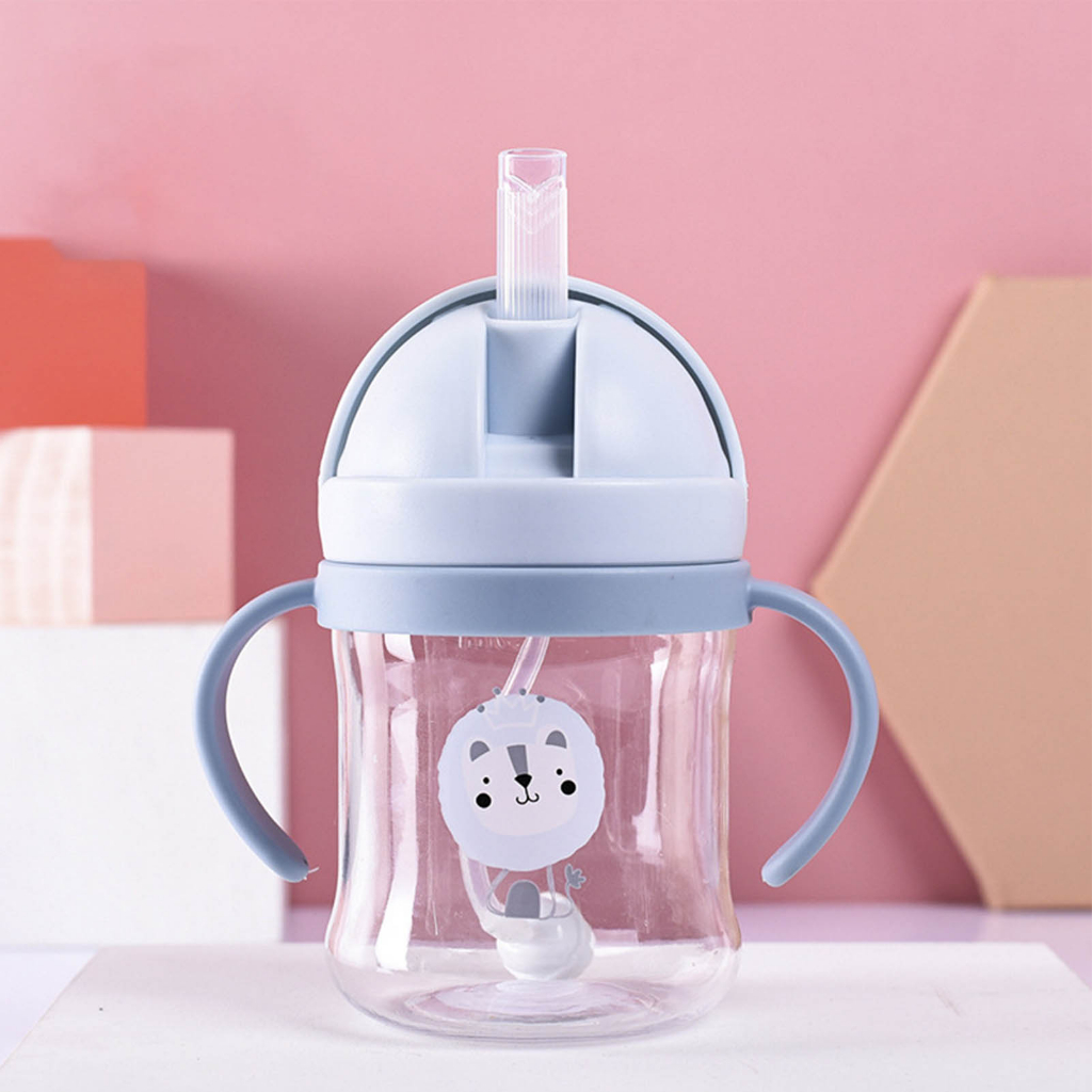 Bình nước Tay cầm đôi Cốc rơm bằng nhựa 350ml có dây đeo cho trẻ em Trẻ sơ sinh Boron069