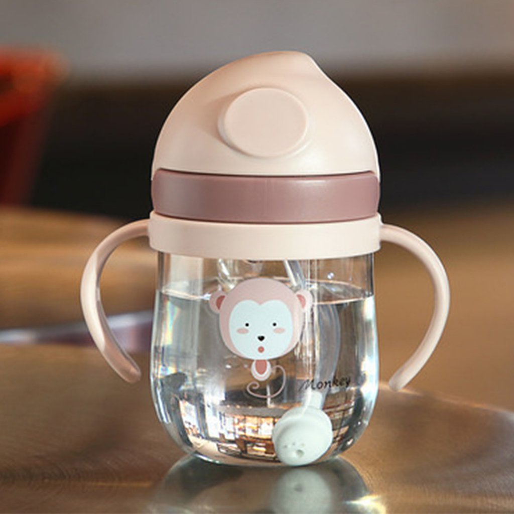 Bình nước Tay cầm đôi Cốc rơm bằng nhựa 350ml có dây đeo cho trẻ em Trẻ sơ sinh Boron069
