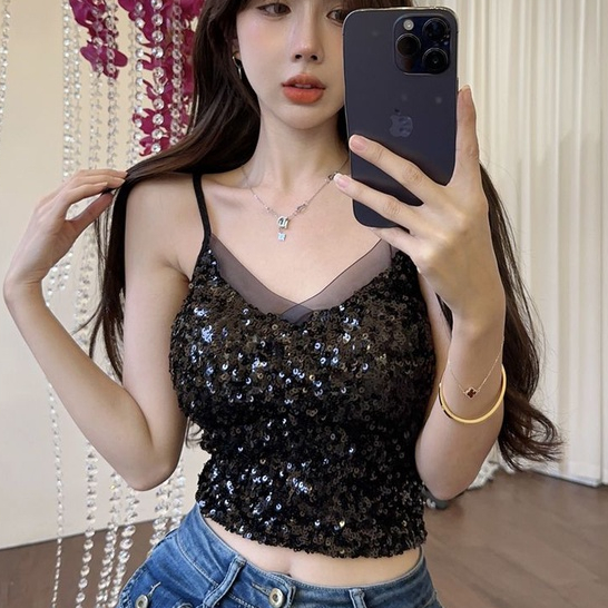 Hàng Có Sẵn Áo Ngắn Không Tay Cổ Chữ V Đính Kim Sa Màu Trơn Phong Cách Hàn Quốc Ngọt Ngào Quyến Rũ Dành Cho Nữ Mặc Bên Ngoà