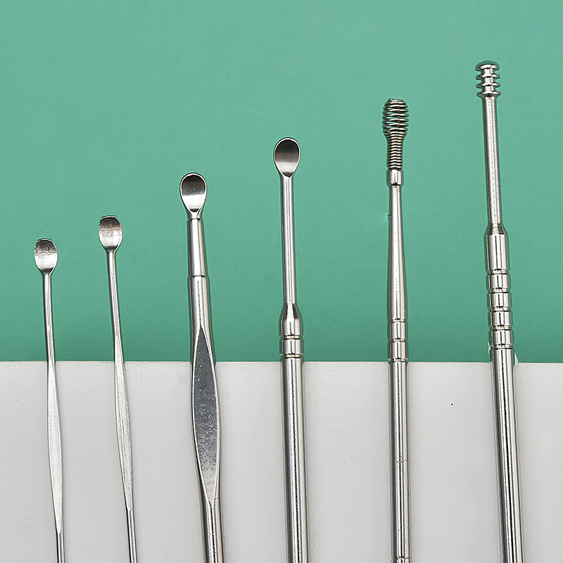 Set 1 / 6 Dụng Cụ Lấy Ráy Tai Hình Muỗng Độc Đáo goáy Tai Bằng Thép Không Gỉ Có Móc Treo Chìa KhóaN