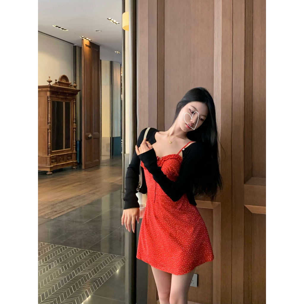 【COLORBLLIND】Set Áo Khoác Cardigan Dệt Kim Màu Đen + Váy Hai Dây Hoạ Tiết Chấm Bi Xinh Xắn