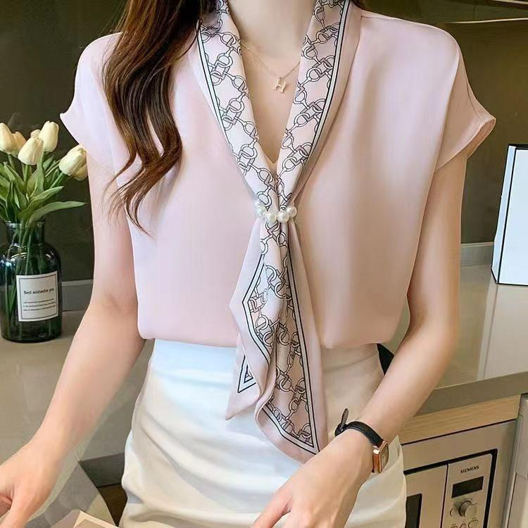 Áo Chiffon Ngắn Tay Cổ Chữ v In Họa Tiết Đính Ngọc Trai Thời Trang Mùa Hè