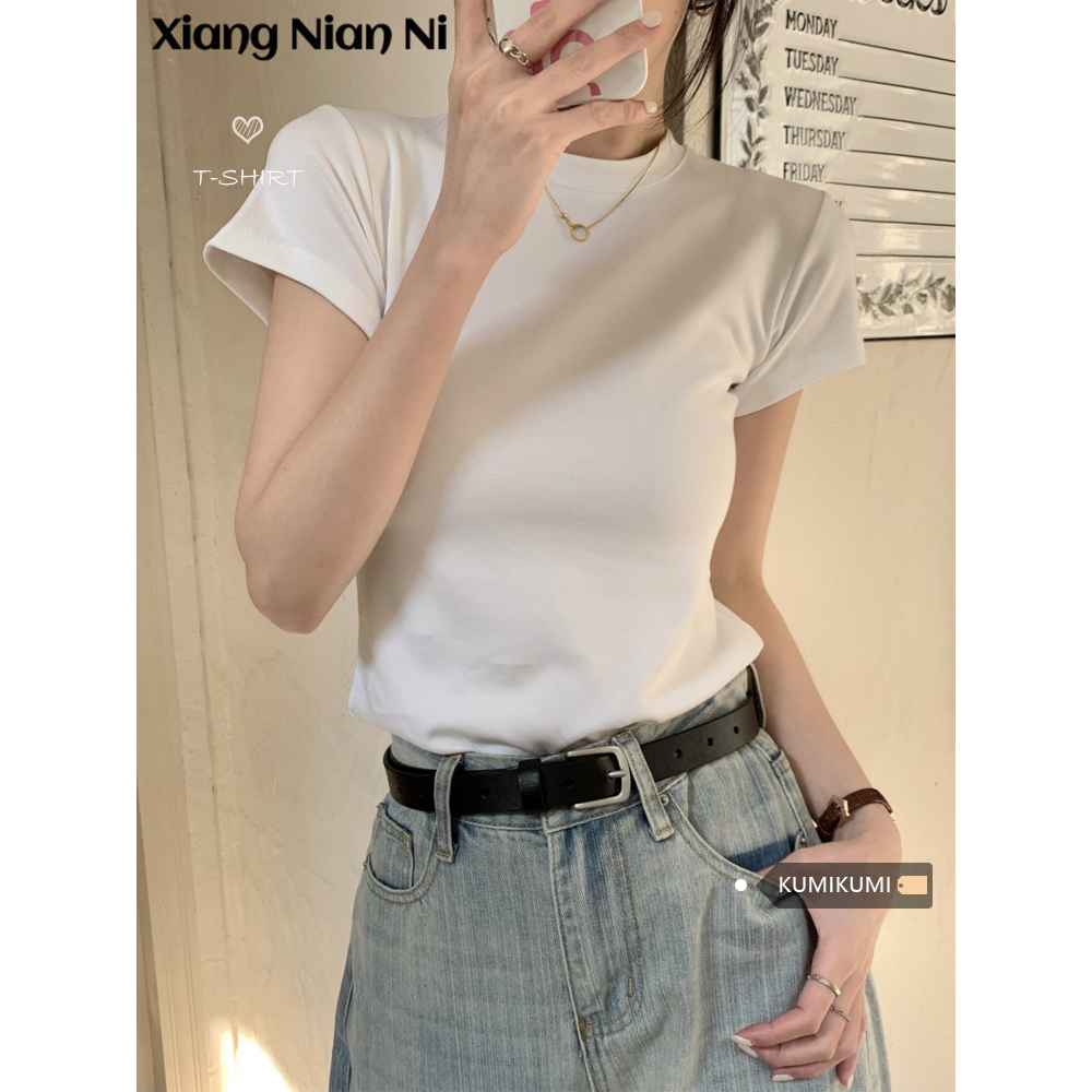 Xiang Nian Ni Áo Thun Tay Ngắn Cổ Tròn Dáng Ôm Thời Trang Cho Nữ