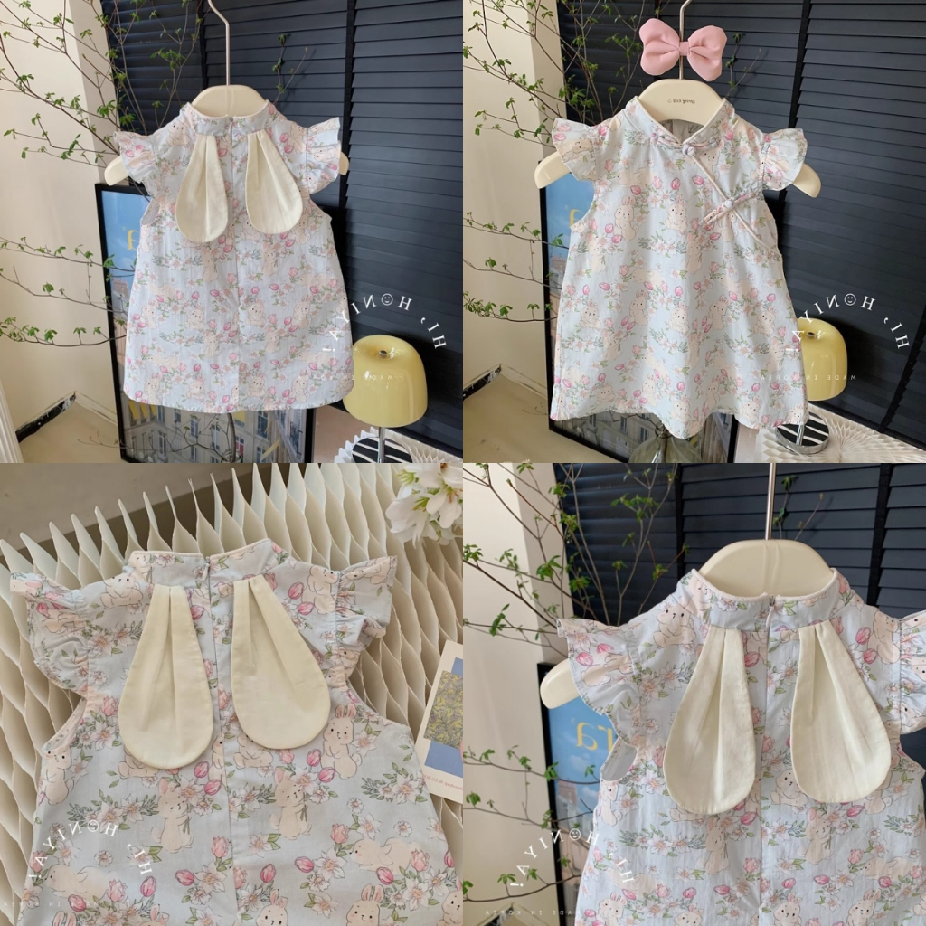 Đầm Sườn Xám In Họa Tiết Thỏ Dễ Thương Chất Liệu Cotton Thời Trang Mùa Hè 2023 Cho Bé Gái