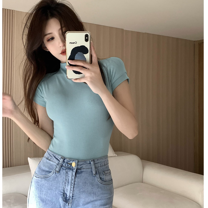 Áo Thun Ngắn Tay Cổ Cao Màu Trơn Thiết Kế Đơn Giản Thời Trang Mùa Hè Hàng Mới Dành Cho Bạn Nữ