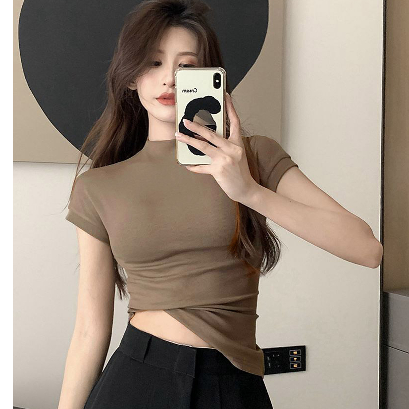 Áo Thun Ngắn Tay Cổ Cao Màu Trơn Thiết Kế Đơn Giản Thời Trang Mùa Hè Hàng Mới Dành Cho Bạn Nữ