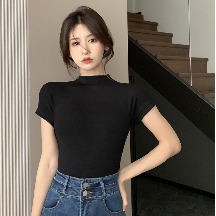 Áo Thun Ngắn Tay Cổ Cao Màu Trơn Thiết Kế Đơn Giản Thời Trang Mùa Hè Hàng Mới Dành Cho Bạn Nữ