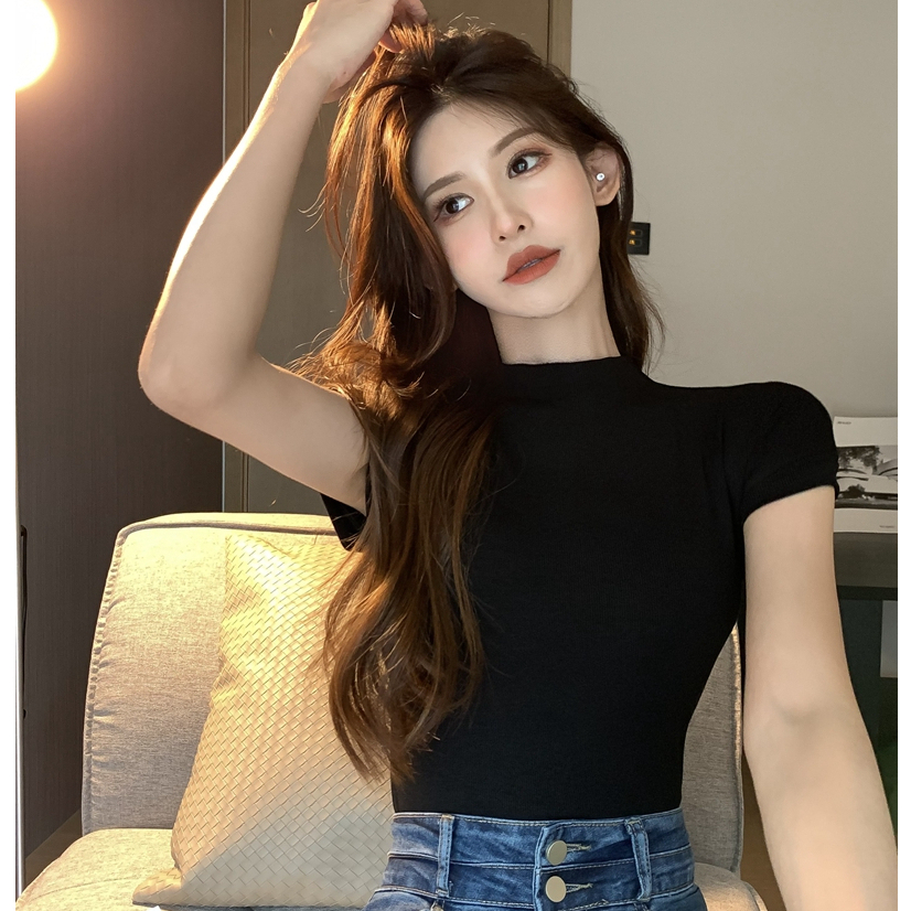 Áo Thun Ngắn Tay Cổ Cao Màu Trơn Thiết Kế Đơn Giản Thời Trang Mùa Hè Hàng Mới Dành Cho Bạn Nữ