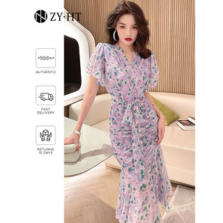 ZY·HT 🌷 Đầm đuôi cá, hoa bẻ, eo và hông, lá sen, tay yếm, phối ren, nữ tính mới mùa hè 5879