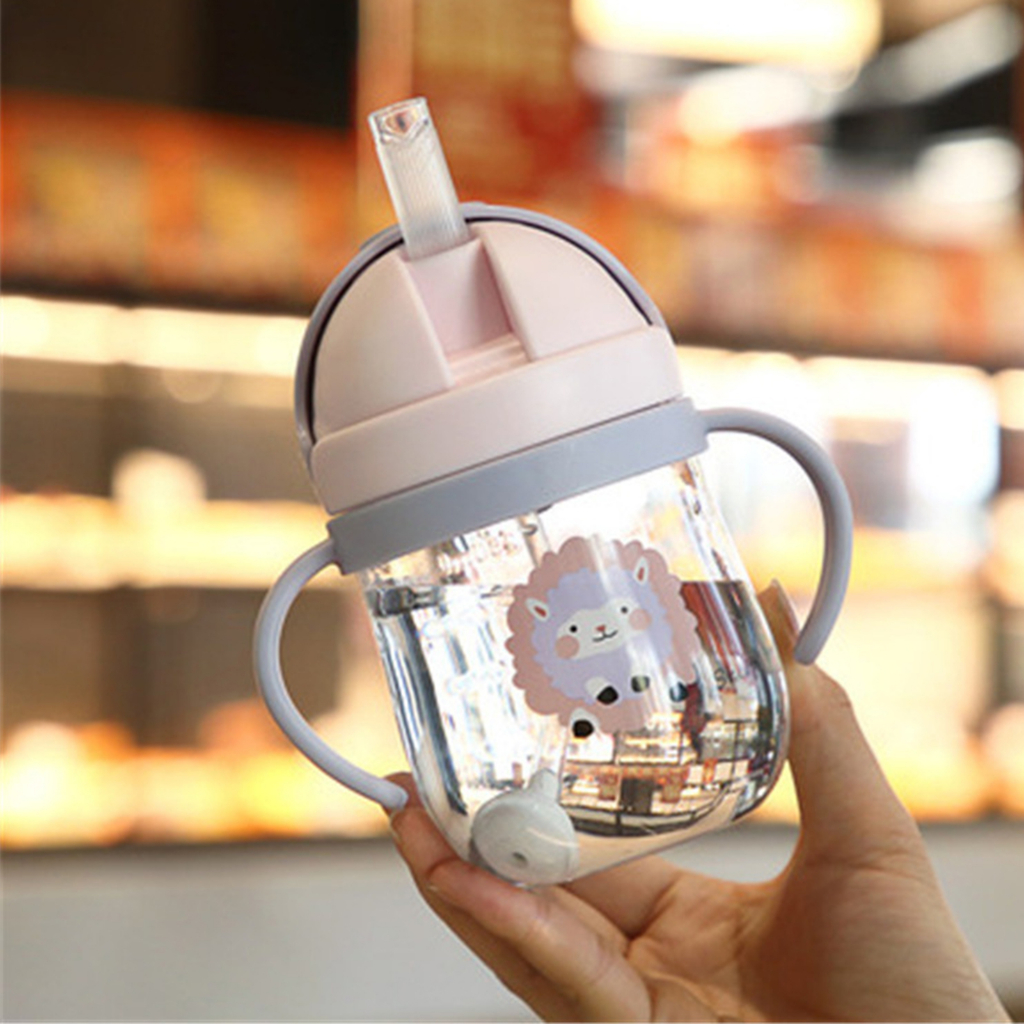 Bình nước Tay cầm đôi Cốc rơm bằng nhựa 350ml có dây đeo cho trẻ em Trẻ sơ sinh Boron069