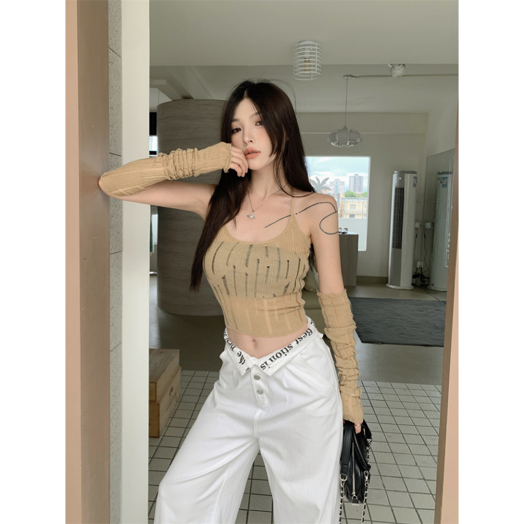 HUANG YOYO Áo Croptop Len Dệt Kim Ngắn Ôm Dáng Hai Dây Màu Trơn Thời Trang Hàn Quốc Cho Nữ