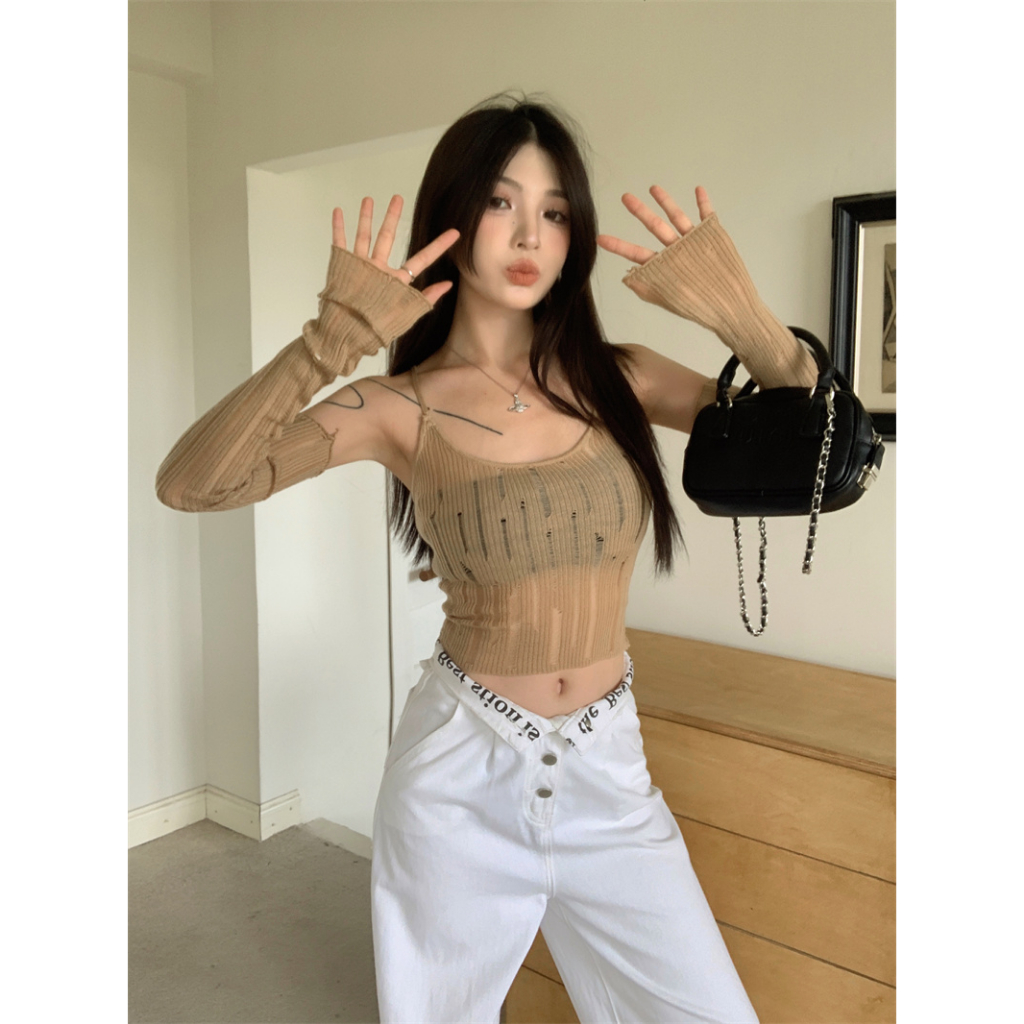 HUANG YOYO Áo Croptop Len Dệt Kim Ngắn Ôm Dáng Hai Dây Màu Trơn Thời Trang Hàn Quốc Cho Nữ