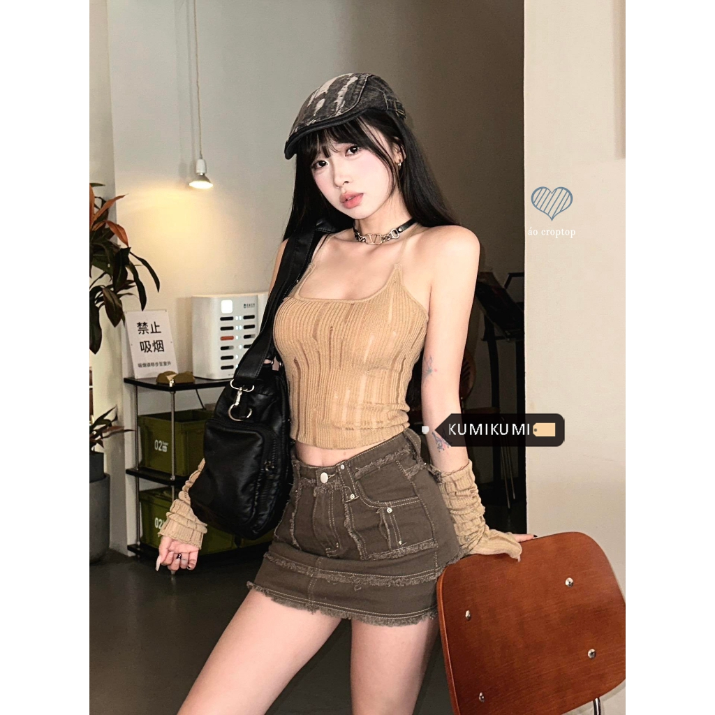 HUANG YOYO Áo Croptop Len Dệt Kim Ngắn Ôm Dáng Hai Dây Màu Trơn Thời Trang Hàn Quốc Cho Nữ