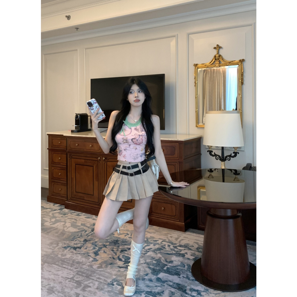 HUANG YOYO Áo Croptop Hai Dây In Họa Tiết Hoạt Hình Phong Cách Hàn Quốc Ngọt Ngào Thời Trang Cho Nữ