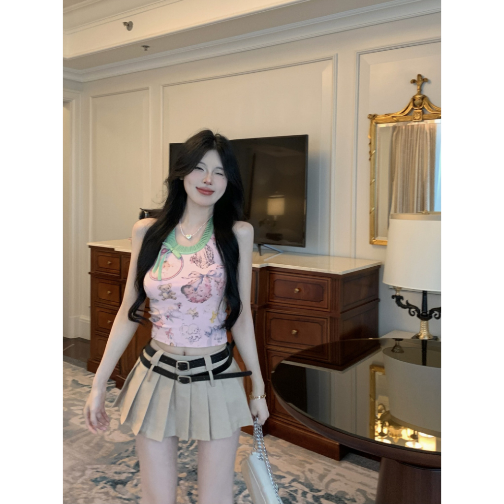 HUANG YOYO Áo Croptop Hai Dây In Họa Tiết Hoạt Hình Phong Cách Hàn Quốc Ngọt Ngào Thời Trang Cho Nữ