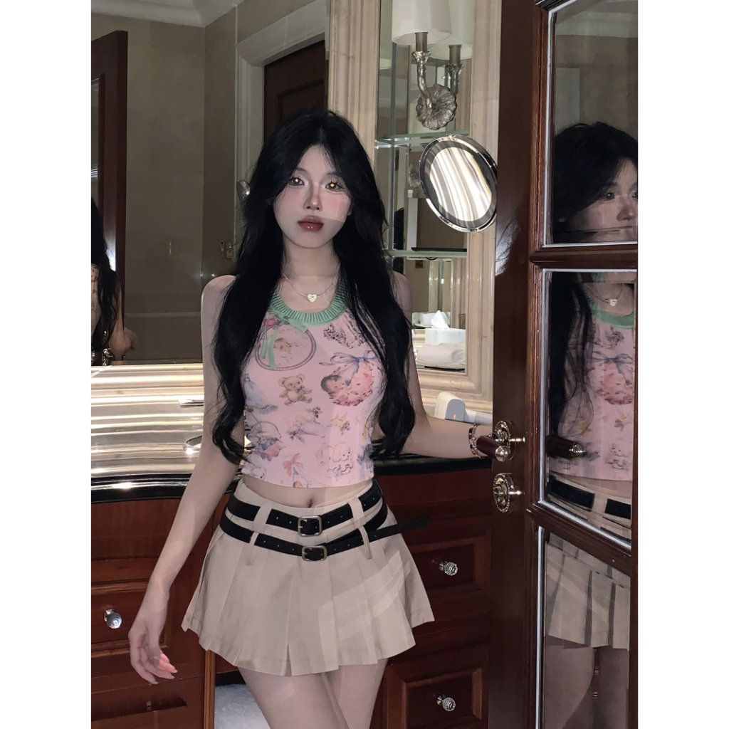 HUANG YOYO Áo Croptop Hai Dây In Họa Tiết Hoạt Hình Phong Cách Hàn Quốc Ngọt Ngào Thời Trang Cho Nữ