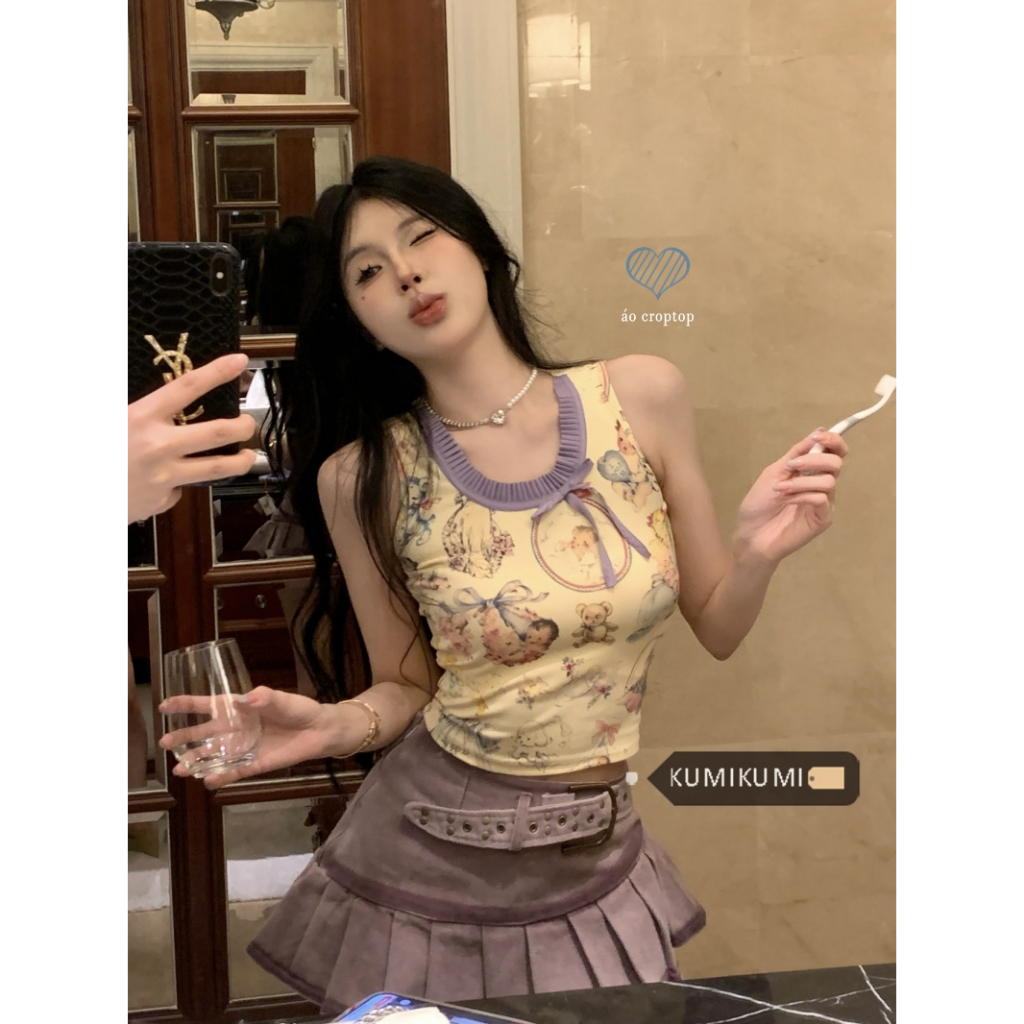 HUANG YOYO Áo Croptop Hai Dây In Họa Tiết Hoạt Hình Phong Cách Hàn Quốc Ngọt Ngào Thời Trang Cho Nữ