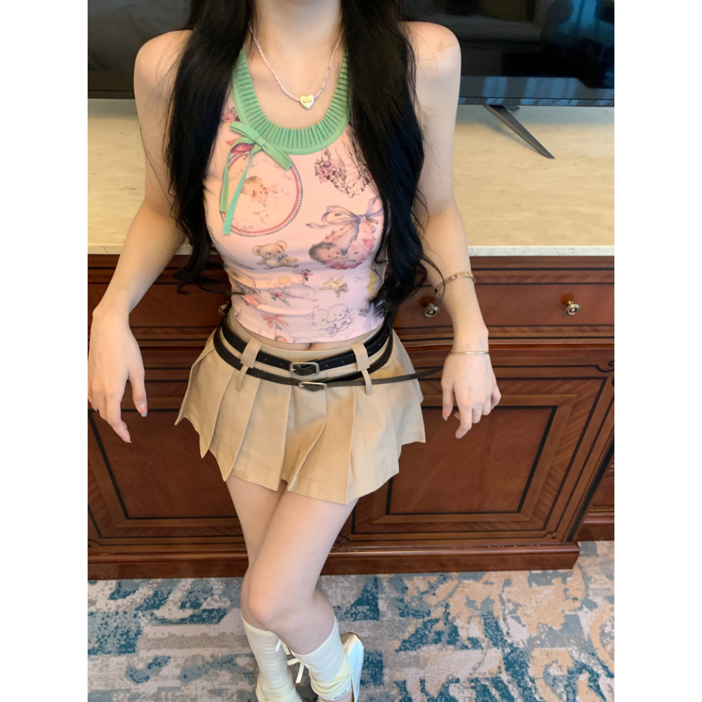 HUANG YOYO Áo Croptop Hai Dây In Họa Tiết Hoạt Hình Phong Cách Hàn Quốc Ngọt Ngào Thời Trang Cho Nữ