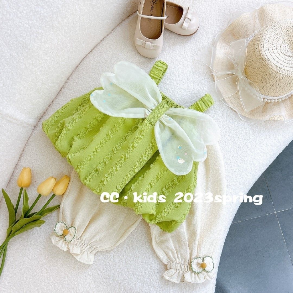 Sun baby Bộ Áo Hai Dây Đính Nơ + Quần Dài Chống Muỗi Thời Trang Mùa Hè