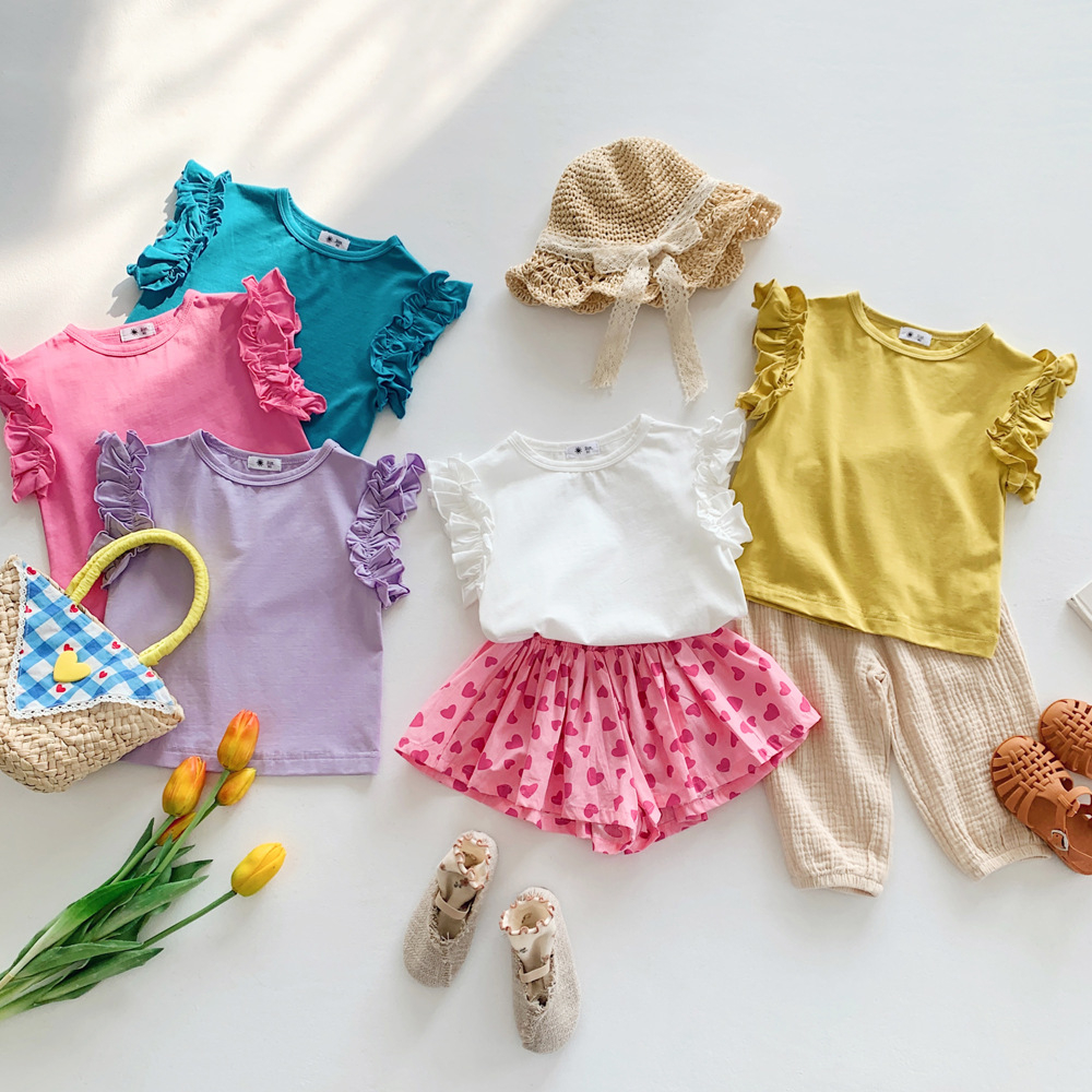 Sun baby Áo Thun Tay Ngắn Phối Ren Màu Kẹo Ngọt Phong Cách Hàn Quốc Dễ Thương Cho Bé Gái