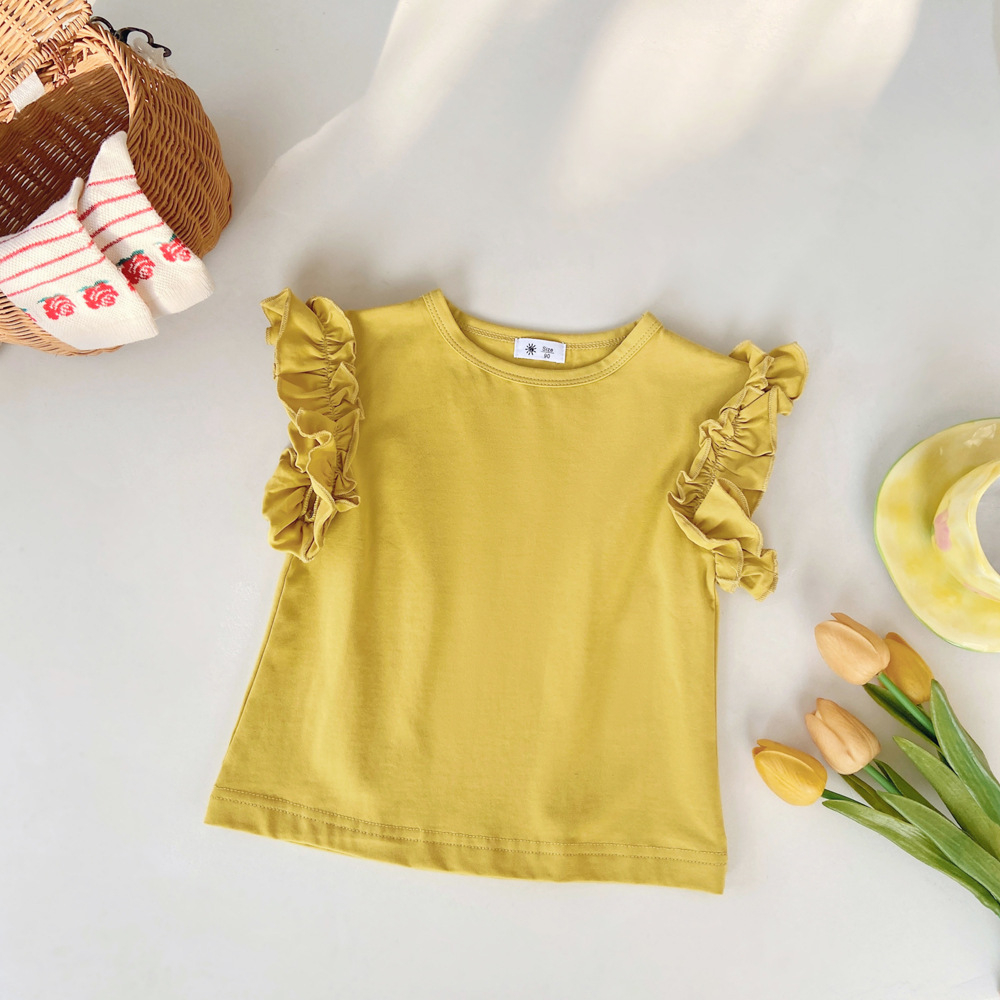 Sun baby Áo Thun Tay Ngắn Phối Ren Màu Kẹo Ngọt Phong Cách Hàn Quốc Dễ Thương Cho Bé Gái