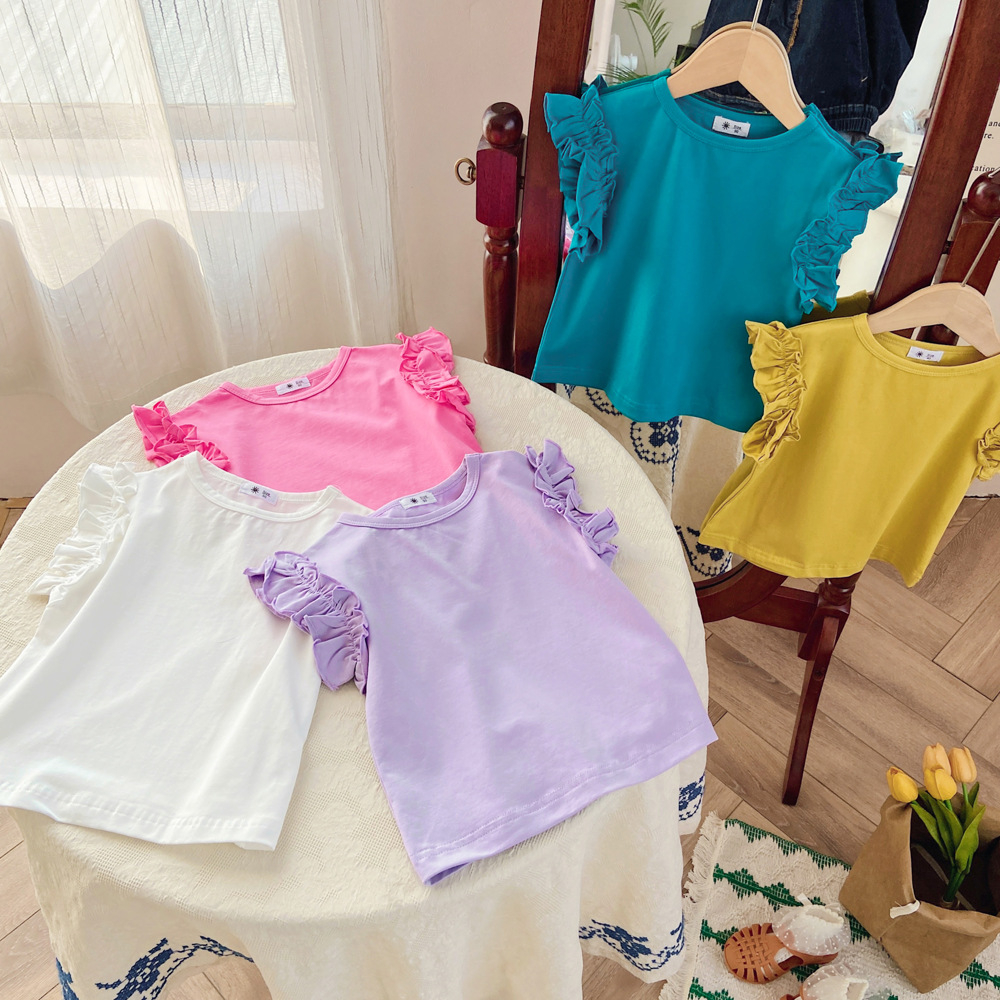 Sun baby Áo Thun Tay Ngắn Phối Ren Màu Kẹo Ngọt Phong Cách Hàn Quốc Dễ Thương Cho Bé Gái