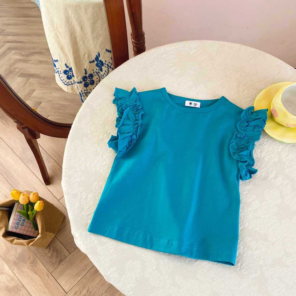 Sun baby Áo Thun Tay Ngắn Phối Ren Màu Kẹo Ngọt Phong Cách Hàn Quốc Dễ Thương Cho Bé Gái