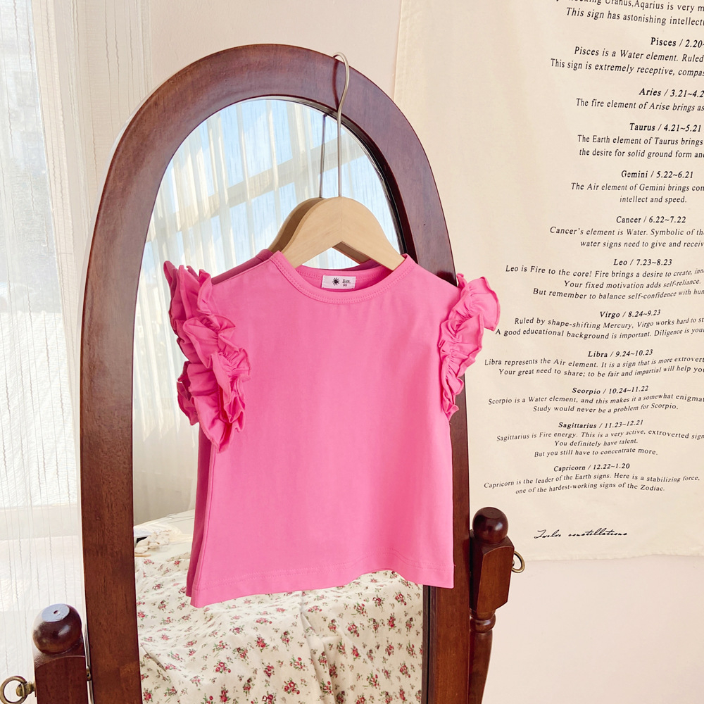 Sun baby Áo Thun Tay Ngắn Phối Ren Màu Kẹo Ngọt Phong Cách Hàn Quốc Dễ Thương Cho Bé Gái