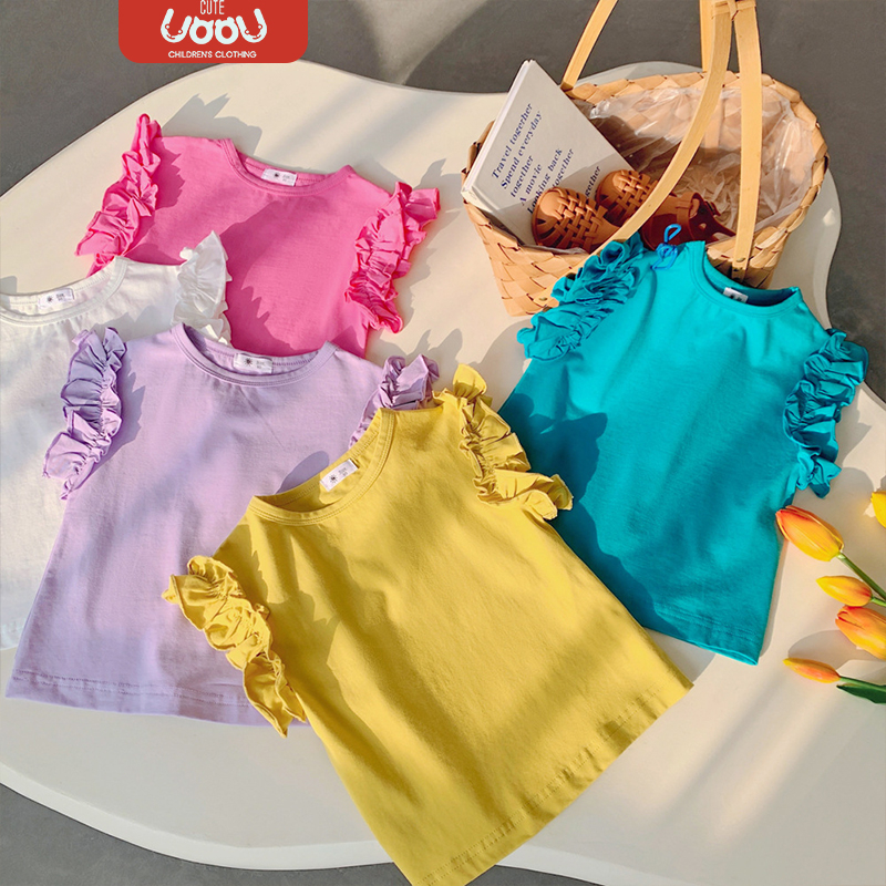 Sun baby Áo Thun Tay Ngắn Phối Ren Màu Kẹo Ngọt Phong Cách Hàn Quốc Dễ Thương Cho Bé Gái