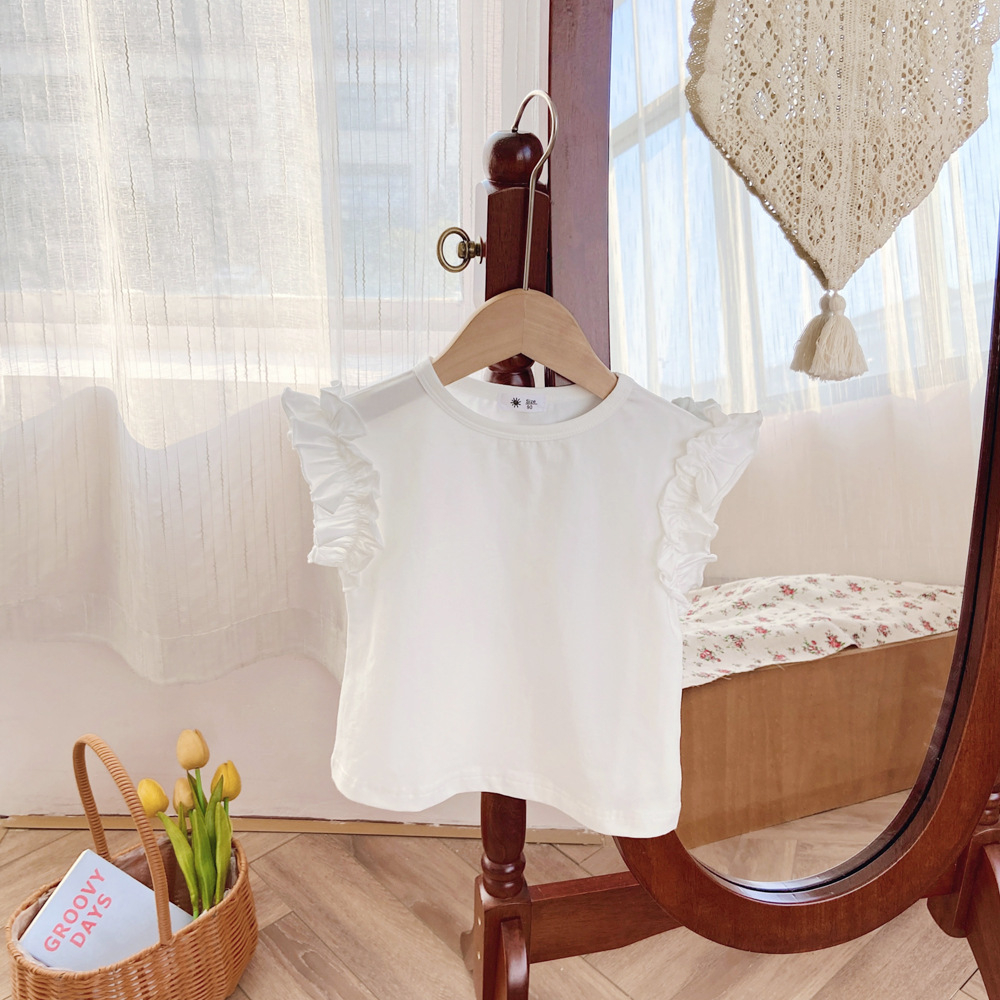 Sun baby Áo Thun Tay Ngắn Phối Ren Màu Kẹo Ngọt Phong Cách Hàn Quốc Dễ Thương Cho Bé Gái