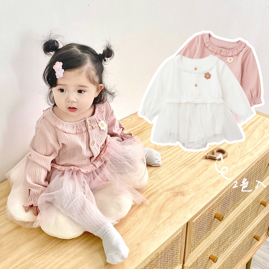 Bộ áo liền quần cotton tay dài phối chân váy lưới dễ thương phong cách công chúa dành cho bé gái