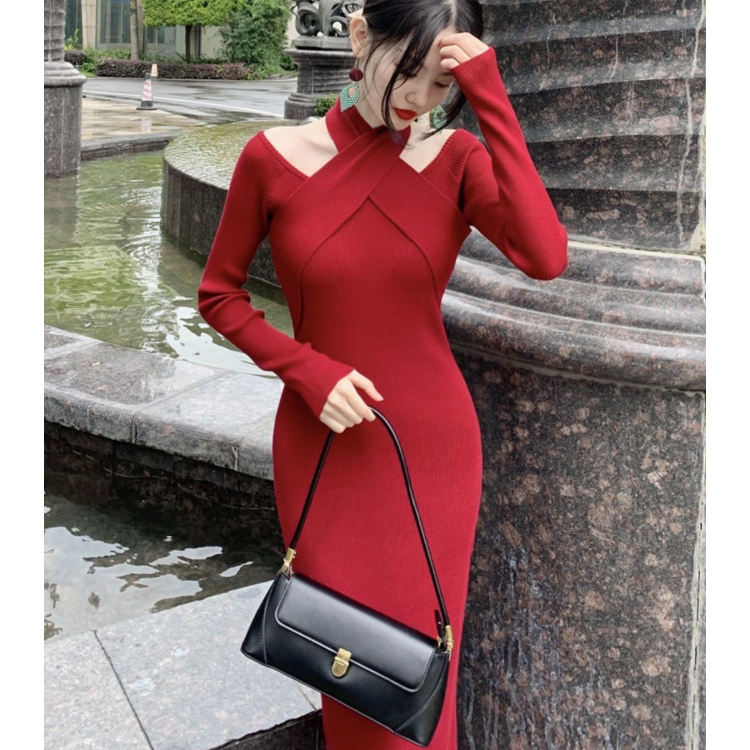 Đầm Dệt Kim Tay Dài Cổ Yếm Dáng Ôm Thời Trang Thu Đông Quyến Rũ Cho Nữ