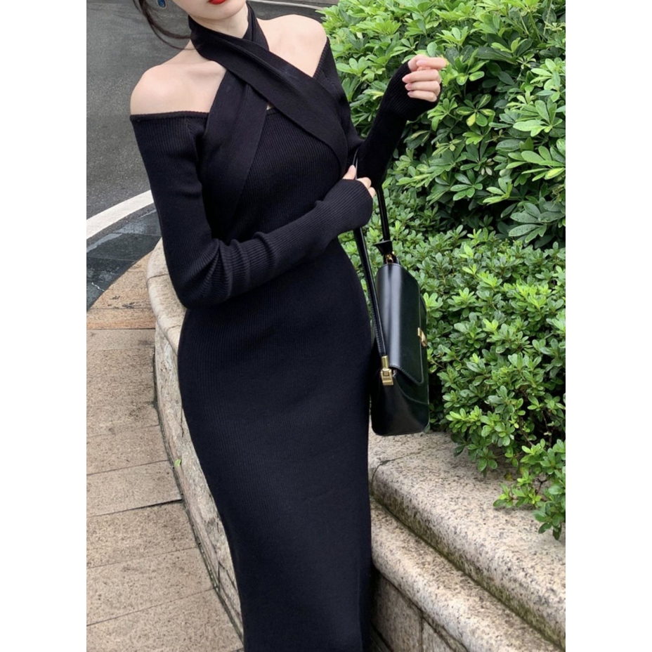 Đầm Dệt Kim Tay Dài Cổ Yếm Dáng Ôm Thời Trang Thu Đông Quyến Rũ Cho Nữ