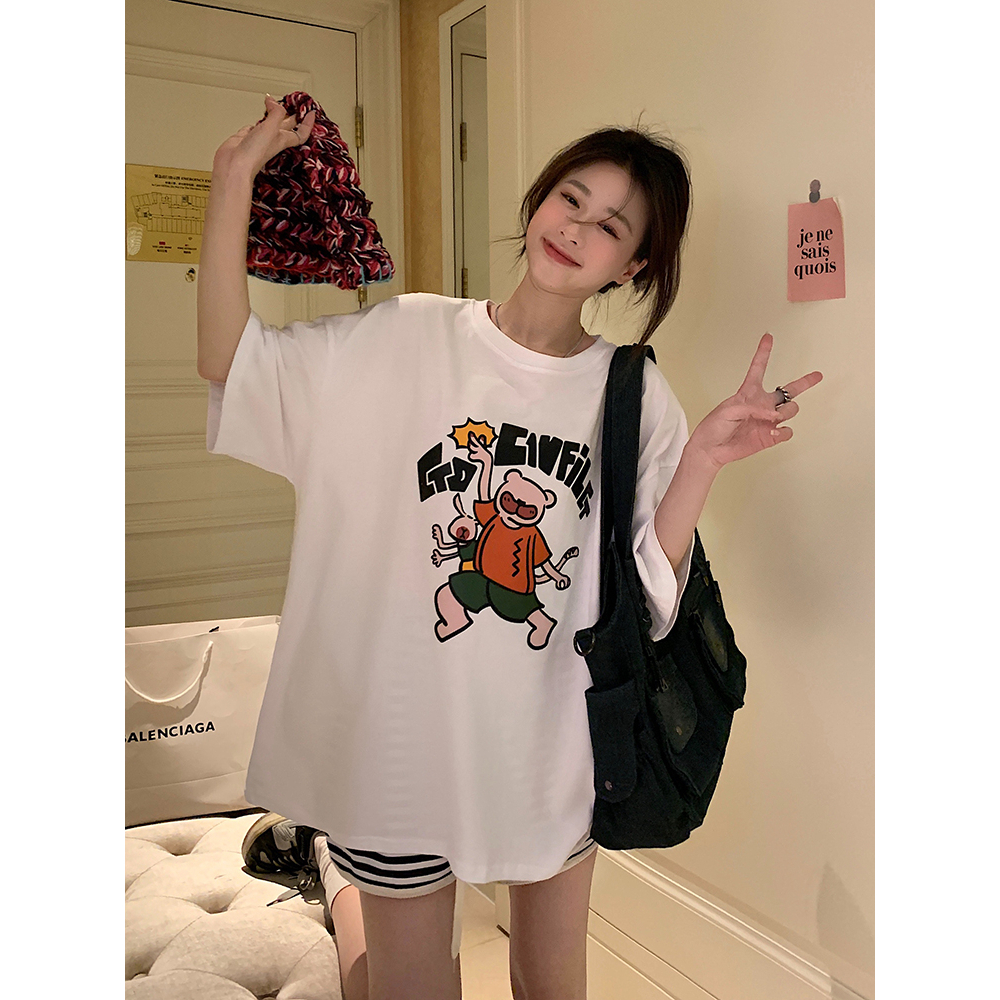 Áo Thun Nữ Tay Ngắn Dáng Rộng Có In Hình Hoạt Hình Phong Cách Hàn Quốc