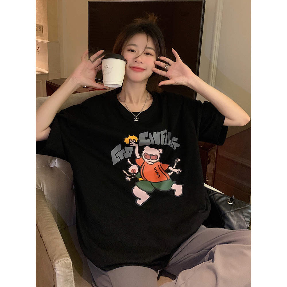 Áo Thun Nữ Tay Ngắn Dáng Rộng Có In Hình Hoạt Hình Phong Cách Hàn Quốc