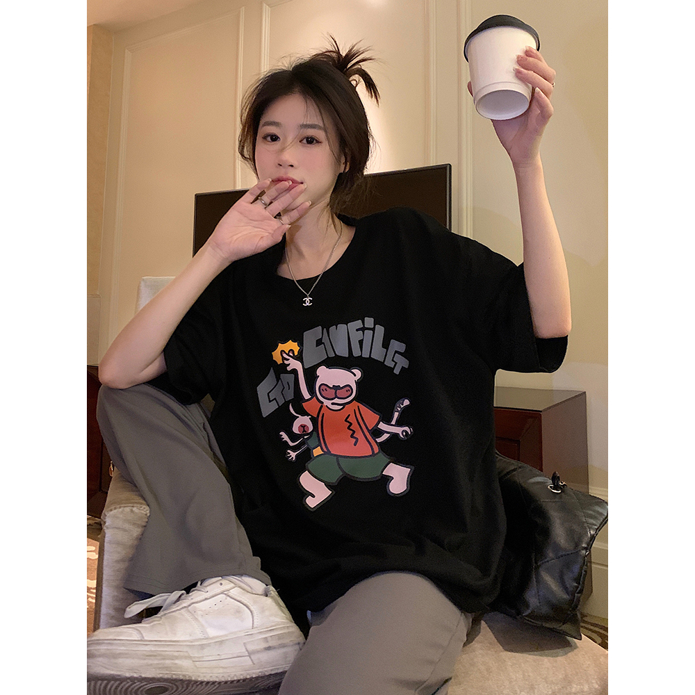 Áo Thun Nữ Tay Ngắn Dáng Rộng Có In Hình Hoạt Hình Phong Cách Hàn Quốc