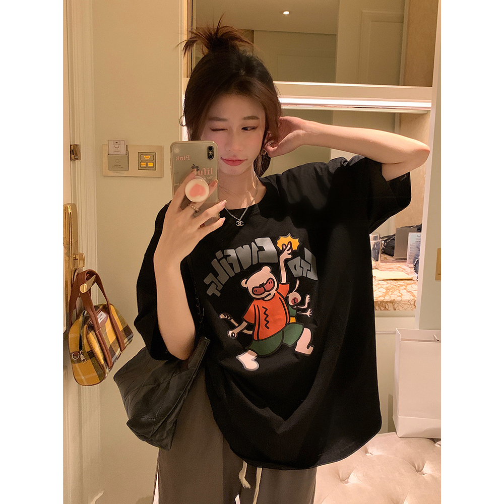 Áo Thun Nữ Tay Ngắn Dáng Rộng Có In Hình Hoạt Hình Phong Cách Hàn Quốc